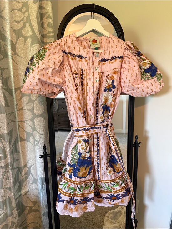 FARM Rio Dresses & Skirts - FARM Rio Pink Floral Puff-Sleeve Belted Mini Dress with Blue & Gold Accents